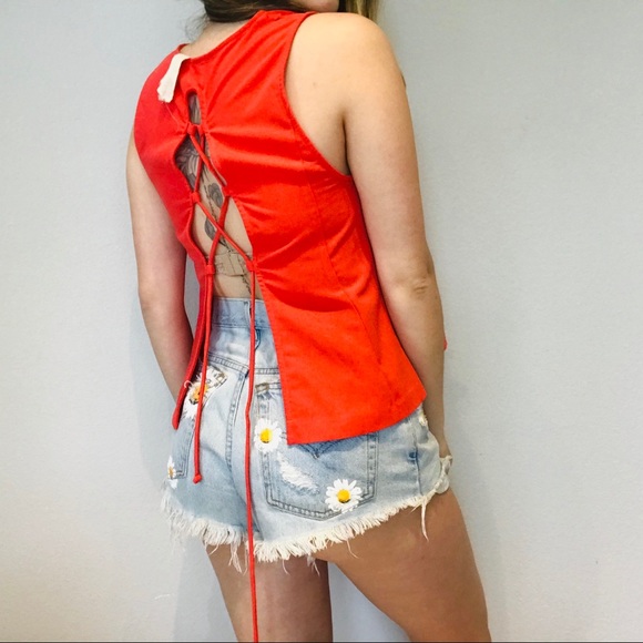 Free people red orange lace up back tank top - Picture 4 of 8